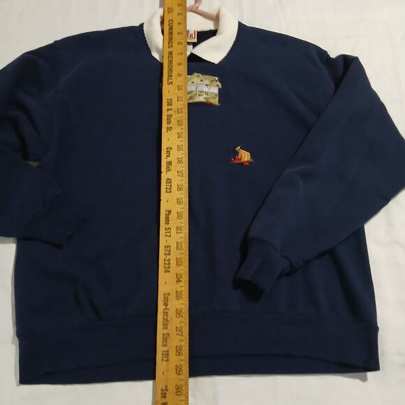 VTG Top Stitch Large Navy Blue Long-Sleeved Apple-Themed Collared Sweatshirt - Picture 10 of 12